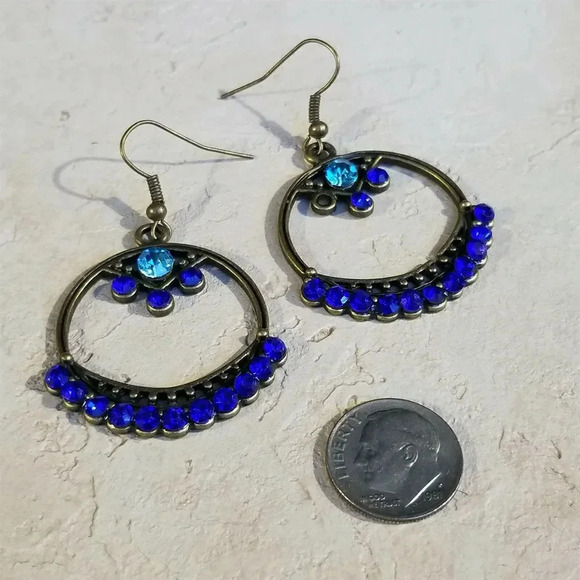 Steampunk Victorian Blue Turquoise Rhinestone Dangle Earrings Antique Brass - Picture 4 of 4